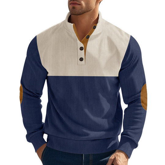 Herren nan Rippenstrickpullover mit Stehkragen Knopfleiste und Leder-Ellbogenpatches EB