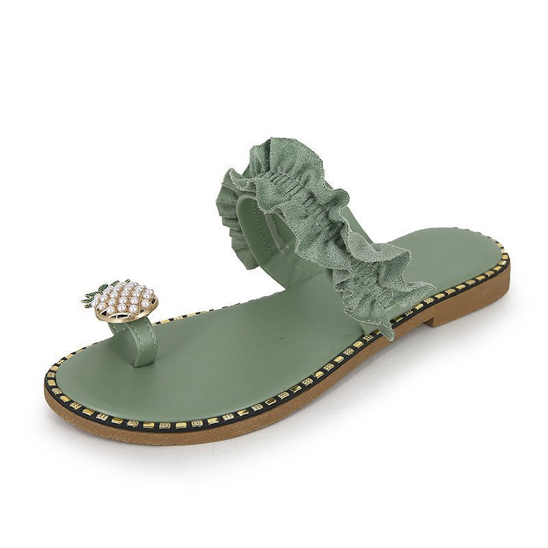 Damen Riemchen-Sandalen mit dekorativem Rüschendetail und Perlenschmuck EB