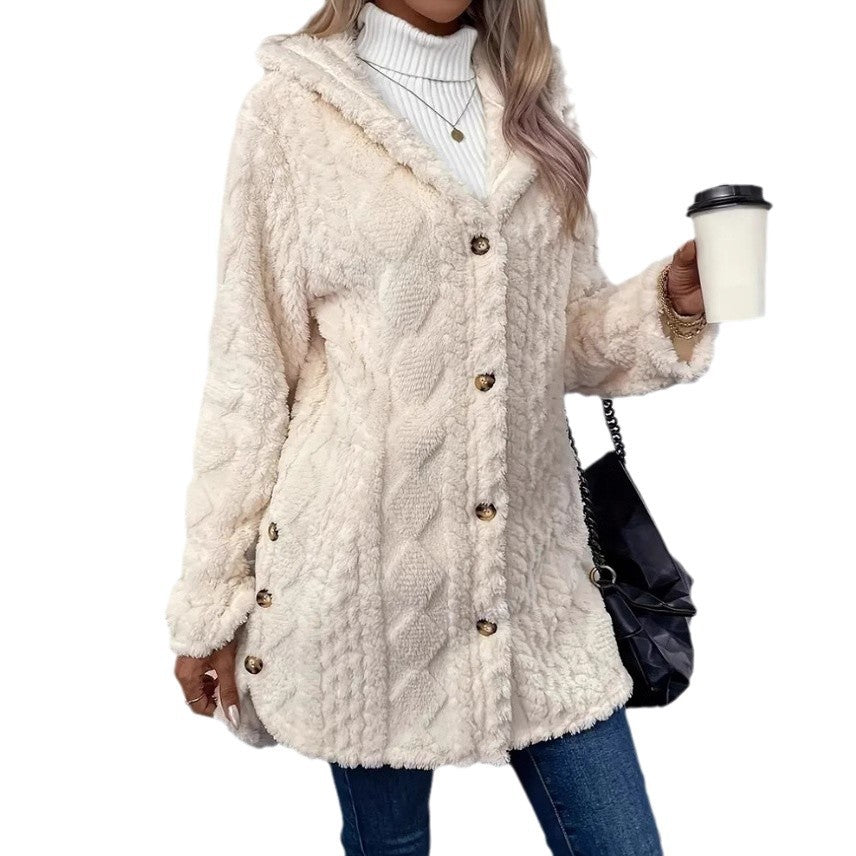 Damen Gemütlicher Hoodie-Mantel aus Teddy-Fleece EB