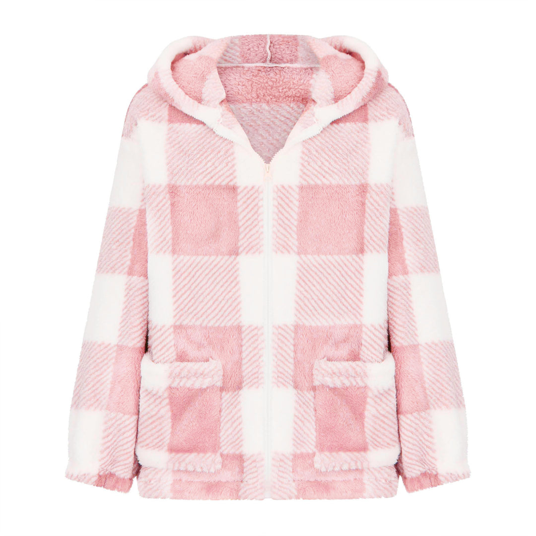 Damen nan dicke Karo-Teddyjacke mit Kapuze, Frontreißverschluss und aufgesetzten Taschen EB