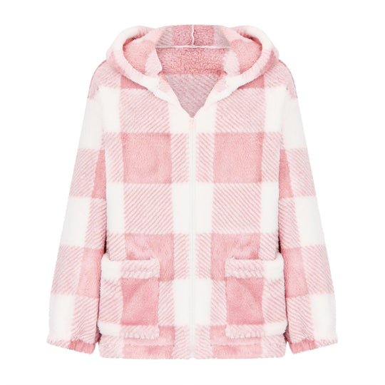 Damen nan dicke Karo-Teddyjacke mit Kapuze, Frontreißverschluss und aufgesetzten Taschen EB