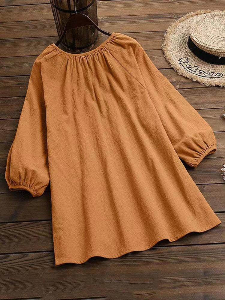 Damen Bluse mit elegantem Rundhalsausschnitt und knieumspielenden Puffärmeln EB