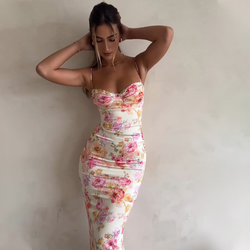 Damen figurbetontes Maxikleid mit floralem Design und elegantem V-Ausschnitt EB