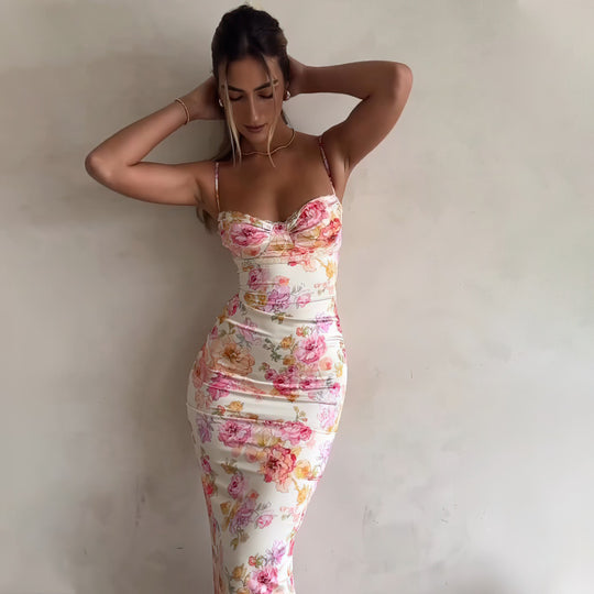 Damen figurbetontes Maxikleid mit floralem Design und elegantem V-Ausschnitt EB