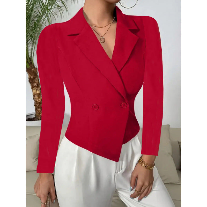 Damen Elegante Blazerjacke mit doppelt knöpfbarer Front und geschwungenem Saum EB