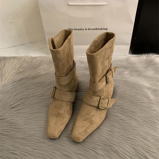 Damen Biker-inspirierte Mid-Boots aus Velourslederoptik mit spitzer Kappe und verstellbaren Gürtelschnallen EB