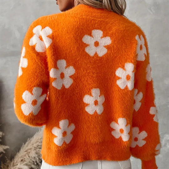 Damen Flauschiger Cardigan mit Blumenmuster EB