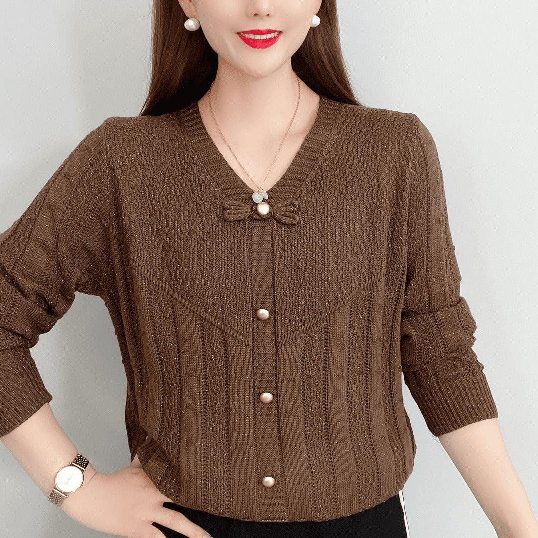Damen Strickoberteil mit dekorativen Perlenknöpfen und raffiniertem Schleifen-Design EB