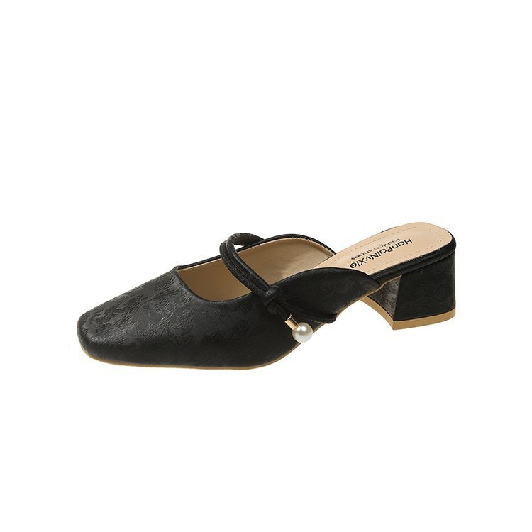 Damen modische Mules mit schicker Perlenapplikation und elegantem Blockabsatz EB