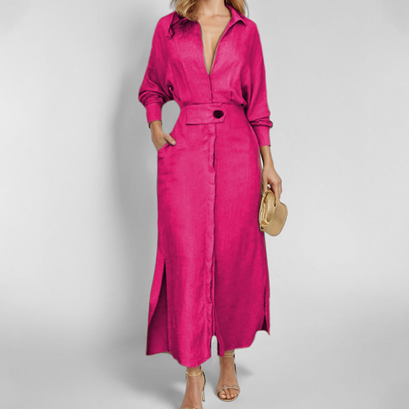 Damen elegantes Hemdblusenkleid mit Taillengürtel und seitlichen Schlitzen EB