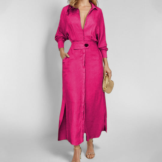 Damen elegantes Hemdblusenkleid mit Taillengürtel und seitlichen Schlitzen EB