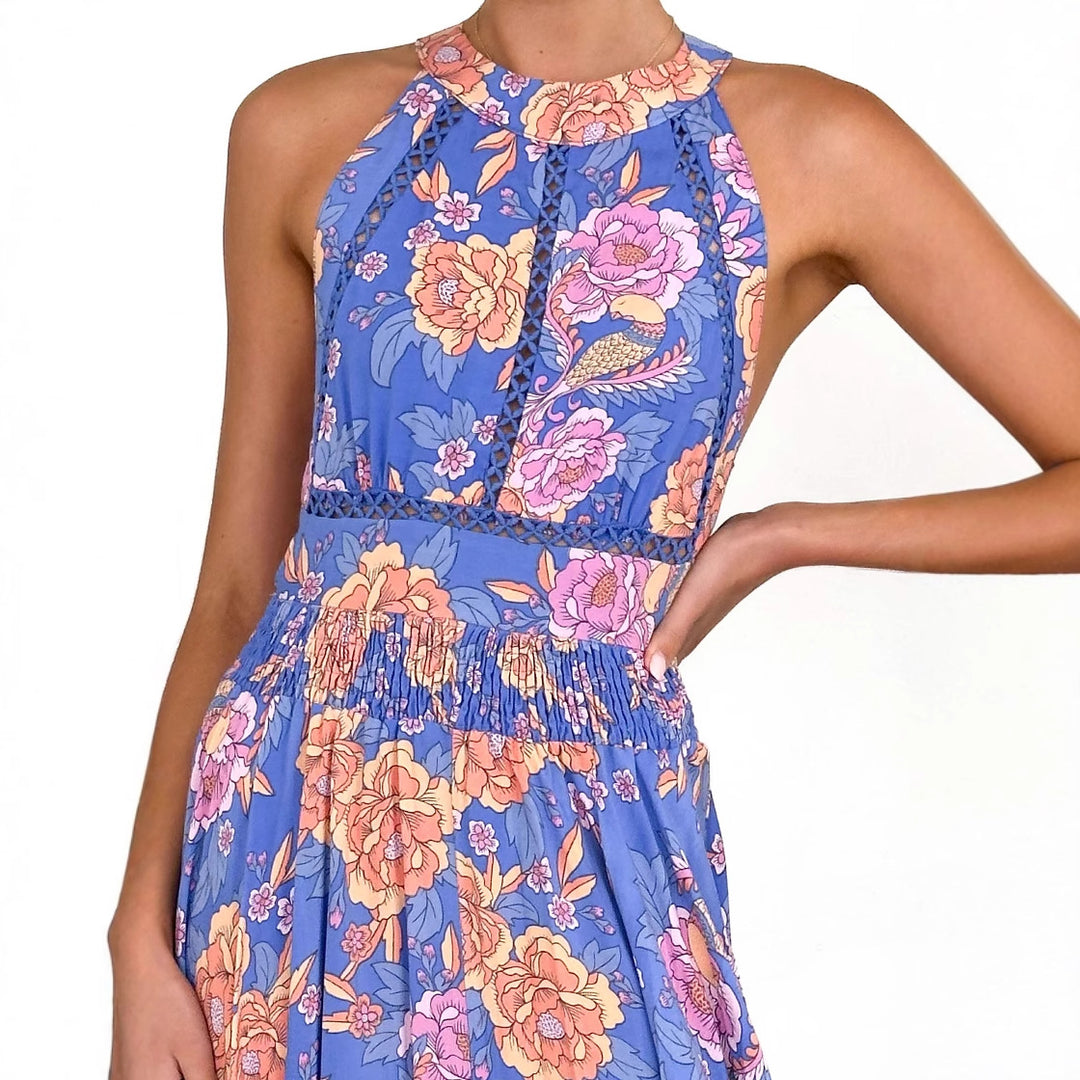 Damen Maxikleid mit elegantem Halterneck und buntem floralen Design EB