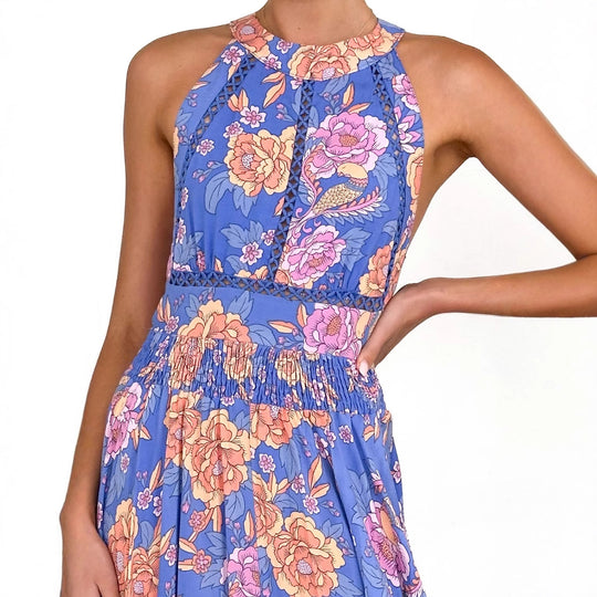 Damen Maxikleid mit elegantem Halterneck und buntem floralen Design EB