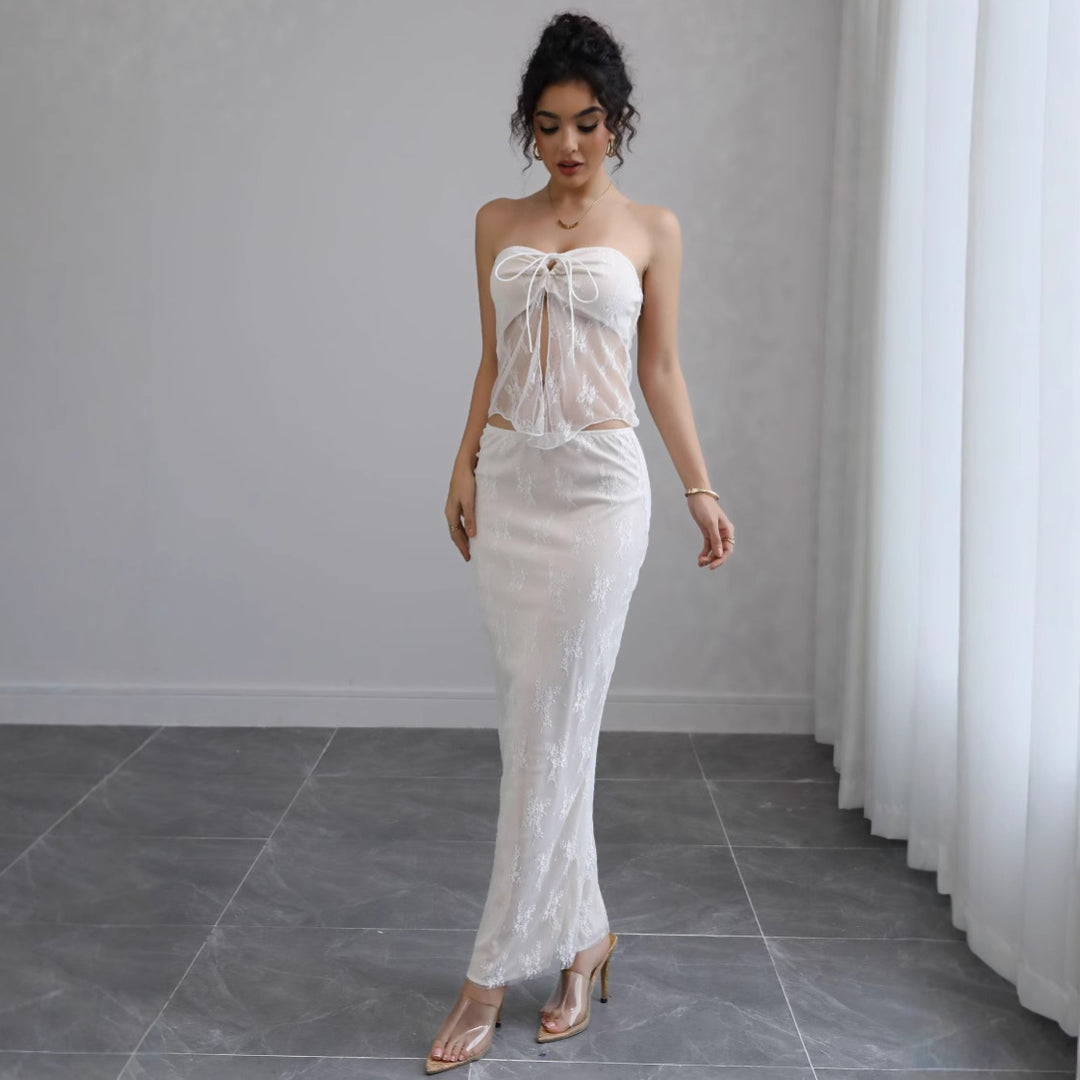 Damen Off-Shoulder Maxikleid mit feiner Spitze und elegantem Bund EB