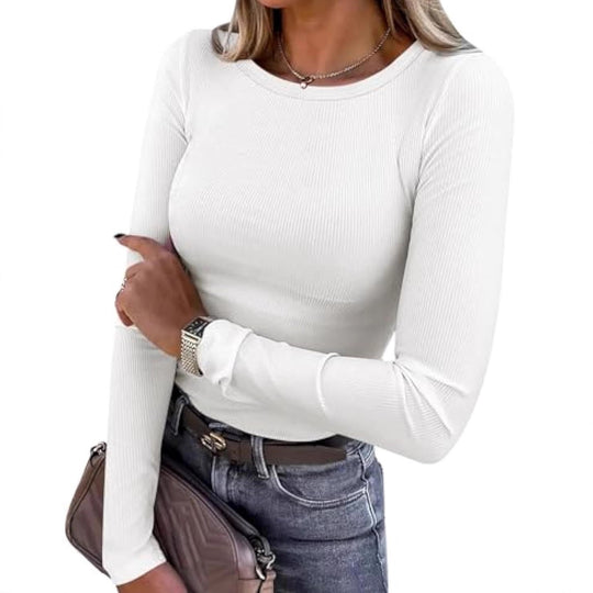 Damen Schmalgeschnittenes Ripp-Longsleeve mit Rundhalsausschnitt und Stretch-Baumwollmix EB