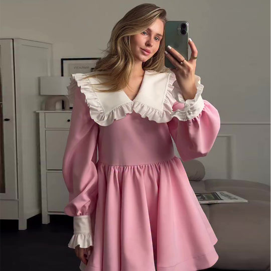 Damen Buntes Kleid mit weitschwingendem Rock und voluminösen Ärmeln EB