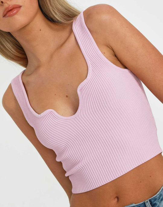 Damen Crop-Top mit Wellen-Ausschnitt und feiner Rippstruktur EB