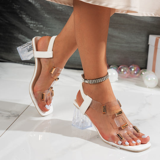 Damen Stilvolle Sandalen mit transparentem Blockabsatz und elegantem Riemen EB