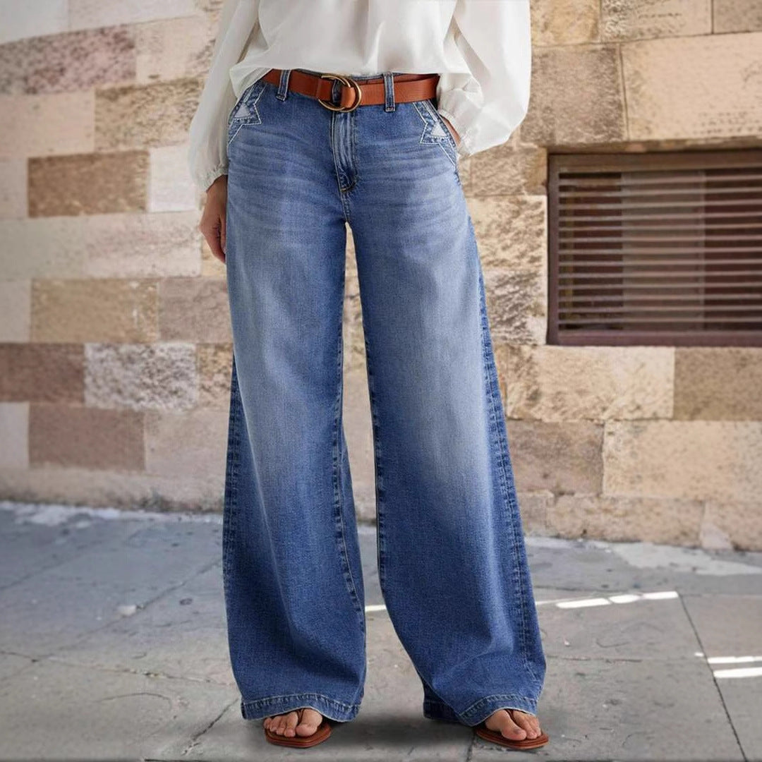 Damen Weite Jeans im Boho-Stil mit hohem Bund und komfortablem Schnitt EB