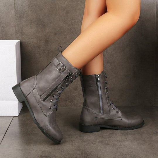 Damen nan knöchelhohe Schnürstiefel aus Lederimitat mit seitlichem Reißverschluss und strapazierfähiger Profilsohle EB