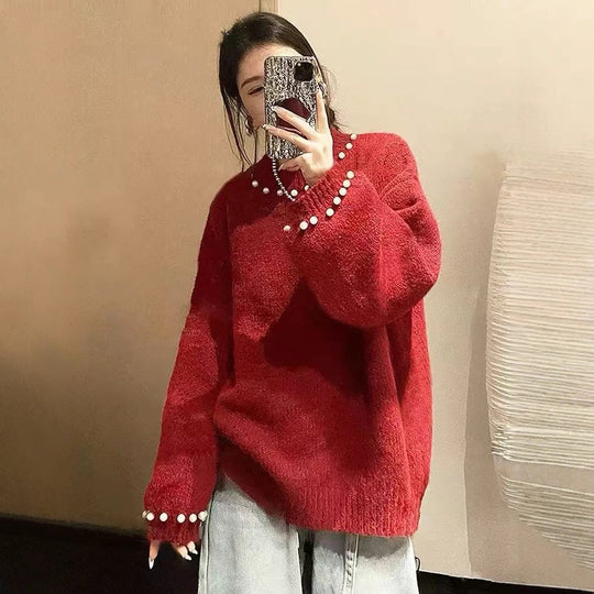 Damen Eleganter Pullover mit Perlendesign und lässigem Schnitt EB