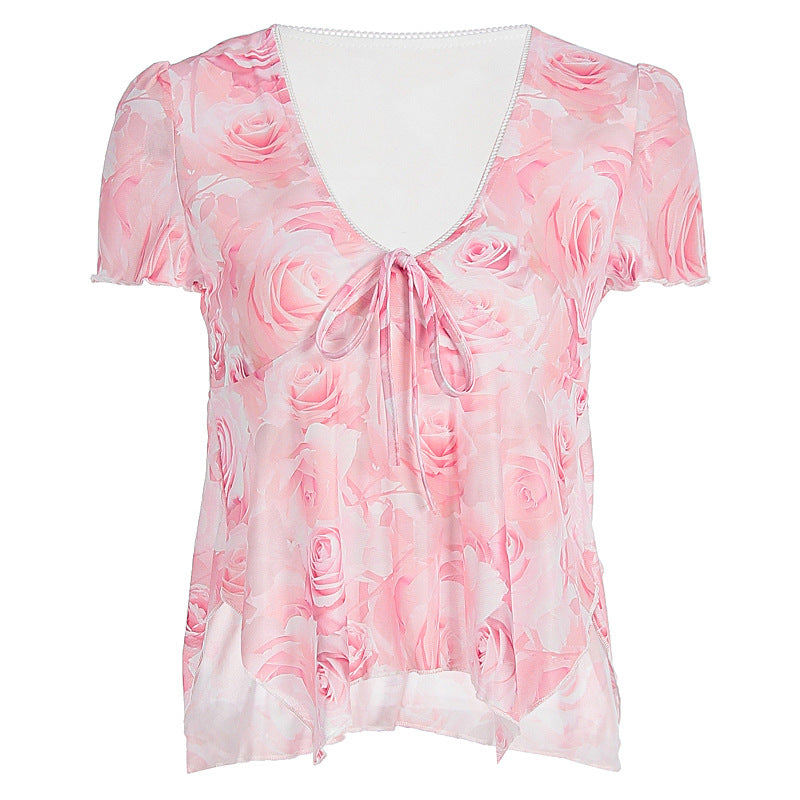 Damen Bluse mit romantischem Rosenmuster und zartem Bindegürtel EB
