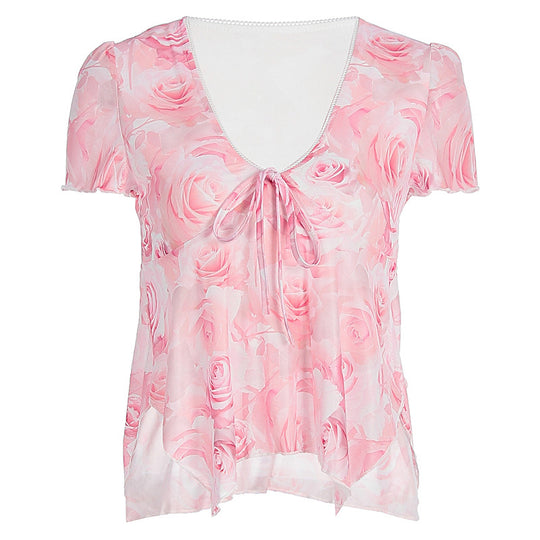 Damen Bluse mit romantischem Rosenmuster und zartem Bindegürtel EB