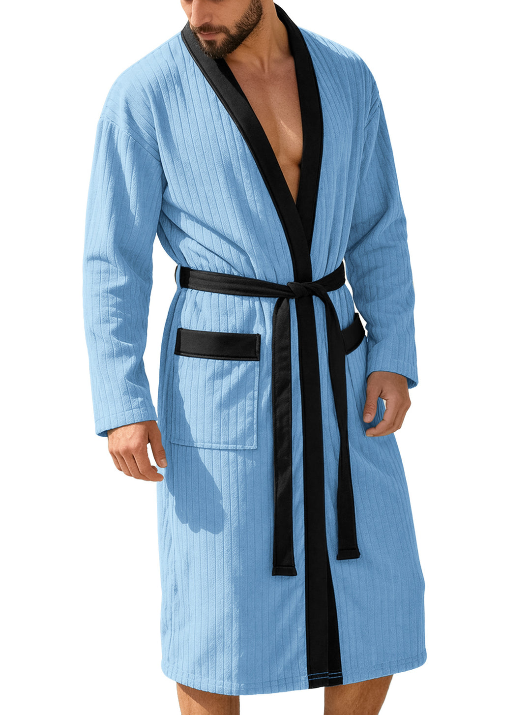 Herren nan wadenlanger Rippen-Bademantel im Kimono-Stil mit Schalkragen und Kontrastpaspel EB