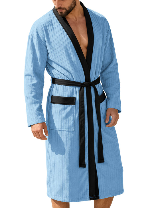 Herren nan wadenlanger Rippen-Bademantel im Kimono-Stil mit Schalkragen und Kontrastpaspel EB