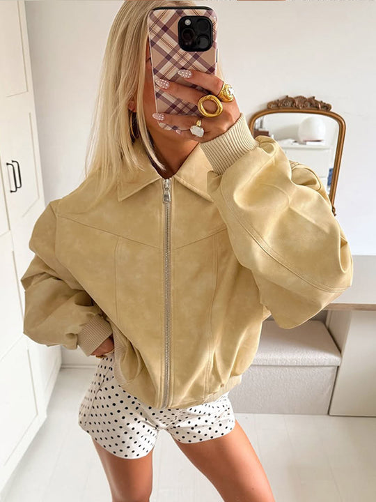 Damen trendy Kunstlederjacke mit voluminösen Ärmeln EB