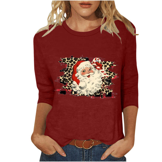 Damen nan lässiges Sweatshirt mit Retro-Weihnachtsmann-Print, Leoparden- und Karomuster und dreiviertelärmel EB
