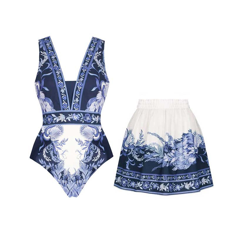 Damen Einteiler Badeanzug mit floralem Design und V-Ausschnitt EB