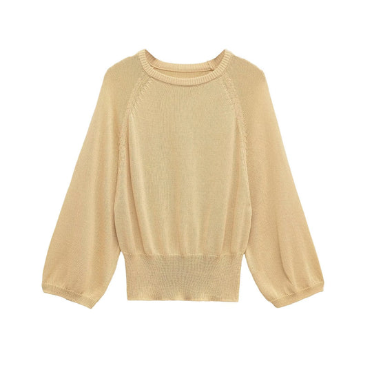 Damen lässiger Pullover mit ballonförmigen Ärmeln und feinem Strick EB