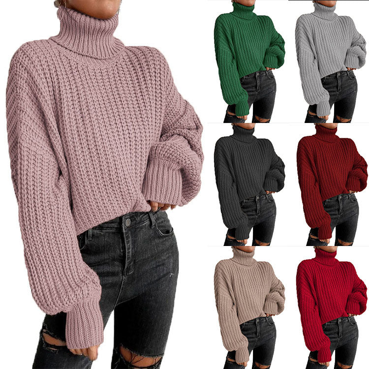 Damen nan grober Rollkragenpullover mit Oversize-Ärmeln und gerippten Bündchen EB