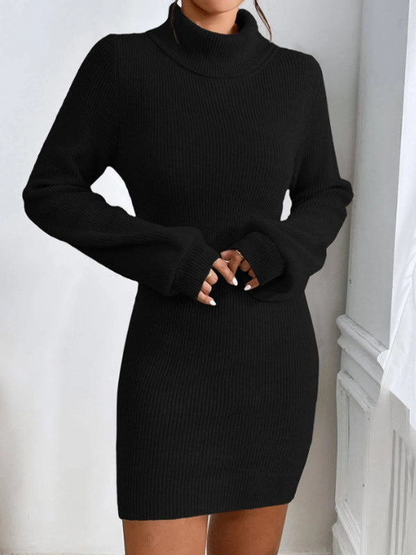 Damen Strickkleid mit hohem Kragen und langen Ärmeln EB