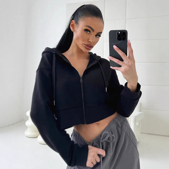 Damen Cropped Kapuzenjacke mit kurzem Reißverschluss und breitem Rippbund EB