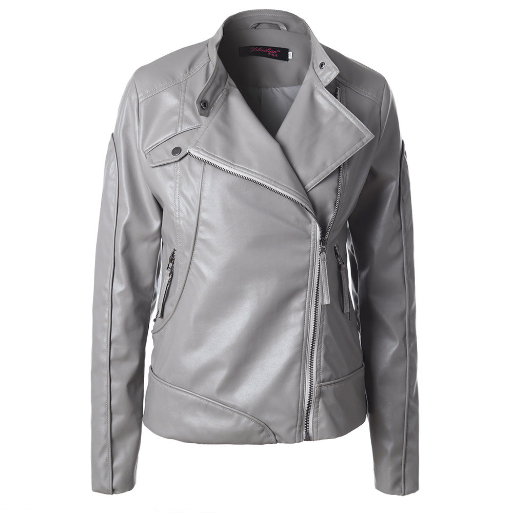 Damen Modische Kunstlederjacke mit asymmetrischem Reißverschluss und Stehkragen EB