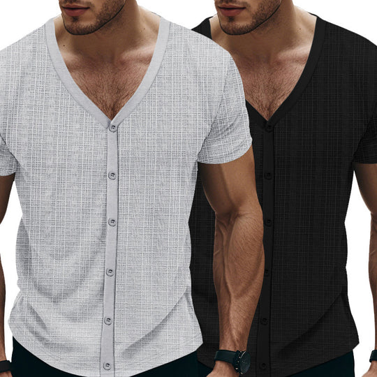 Herren Kurzarm Henley-Shirt mit strukturiertem Design und Knopfleiste EB