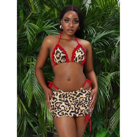 Damen Triangel-Bikini mit modischen Rüschendetails und aufregendem Tiermuster EB