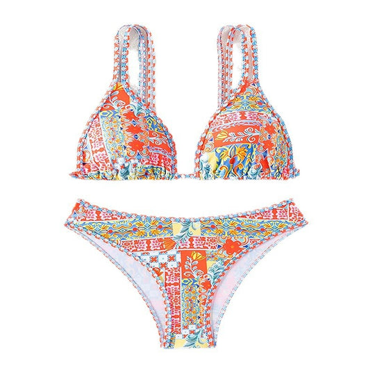 Damen Triangel-Bikini mit buntem Patchwork-Muster EB