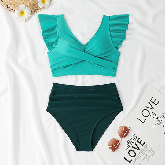 Damen Zweiteiliges High-Waist Bikini-Set mit Rüschendetails EB
