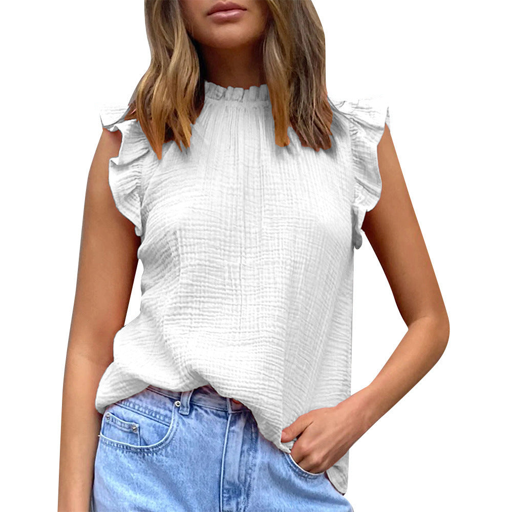 Damen luftige Bluse mit Rüschendetails und Stehkragen EB
