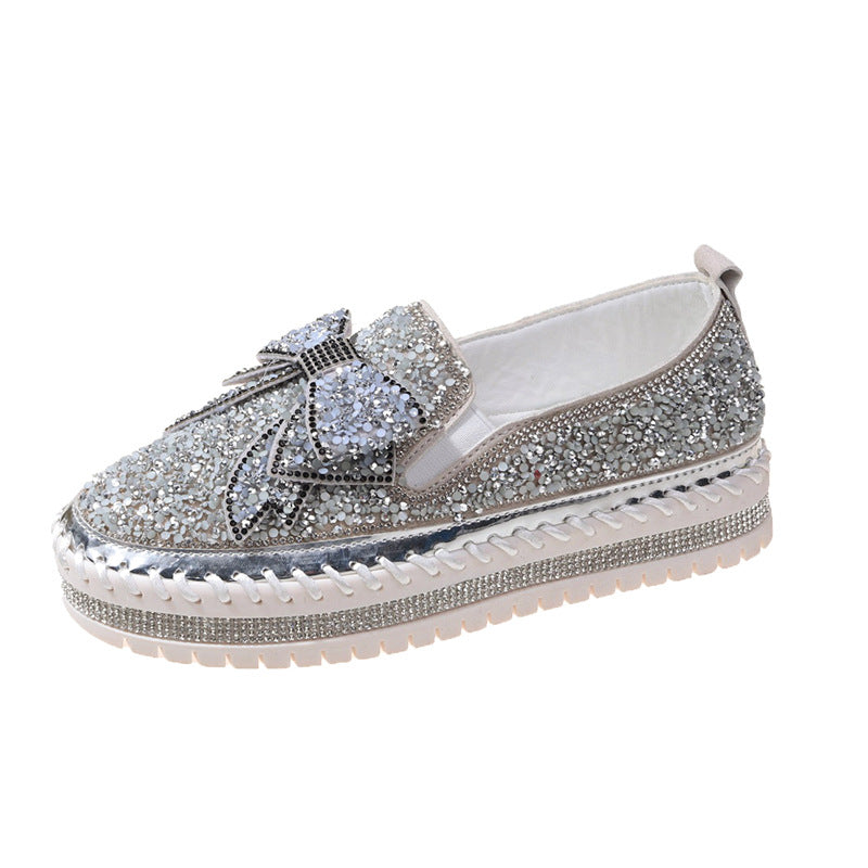 Damen Glitzernde Slip-On Sneakers mit dekorativem Schleifen- und Strass-Detail EB