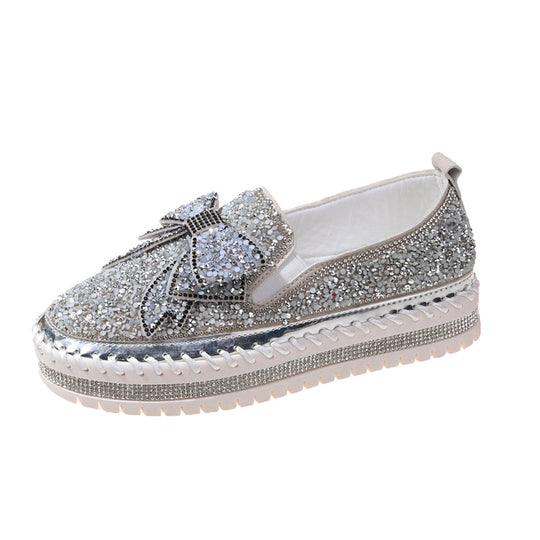 Damen Glitzernde Slip-On Sneakers mit dekorativem Schleifen- und Strass-Detail EB