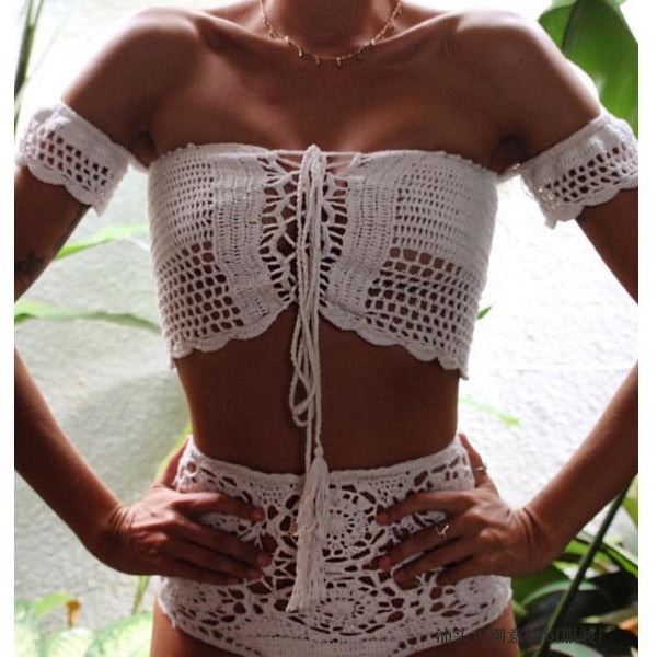 Damen Häkel-Bikini-Set mit dekorativen Fransen und trendigem Oberteil EB