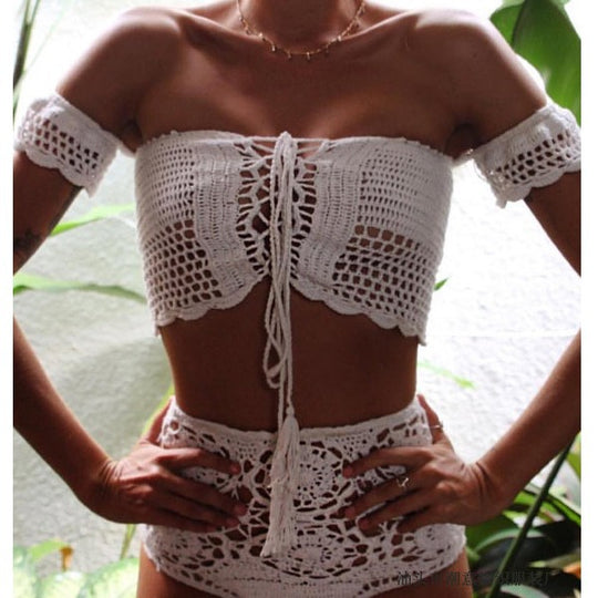 Damen Häkel-Bikini-Set mit dekorativen Fransen und trendigem Oberteil EB