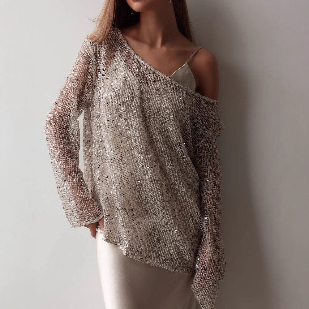 Damen Glitzernde Netzbluse mit asymmetrischem Halsausschnitt und langen Ärmeln EB