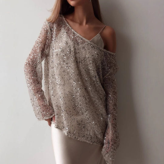 Damen Glitzernde Netzbluse mit asymmetrischem Halsausschnitt und langen Ärmeln EB