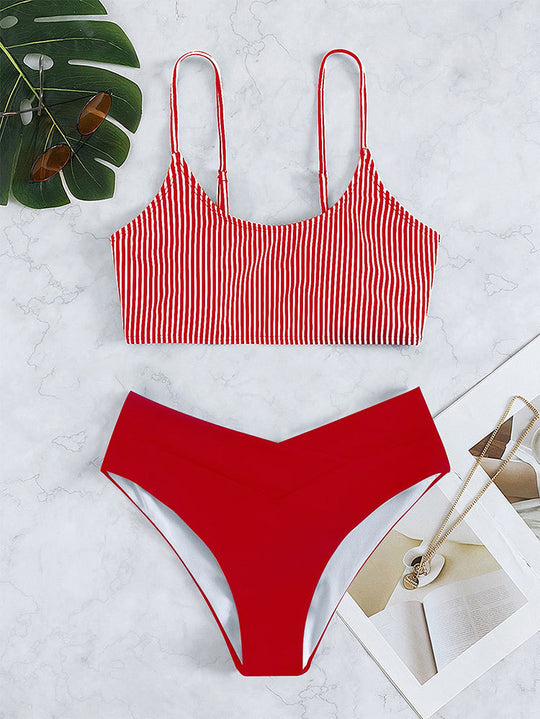 Damen Triangel-Bikini mit modischer Streifenoptik und hochgeschnittenem Unterteil EB