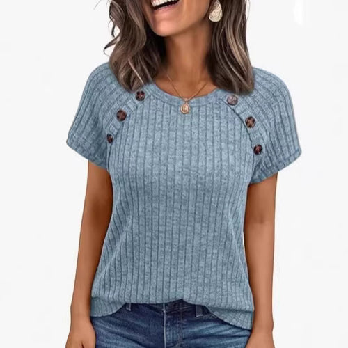 Damen lässiges Rippenstrick-T-Shirt mit Knöpfen EB